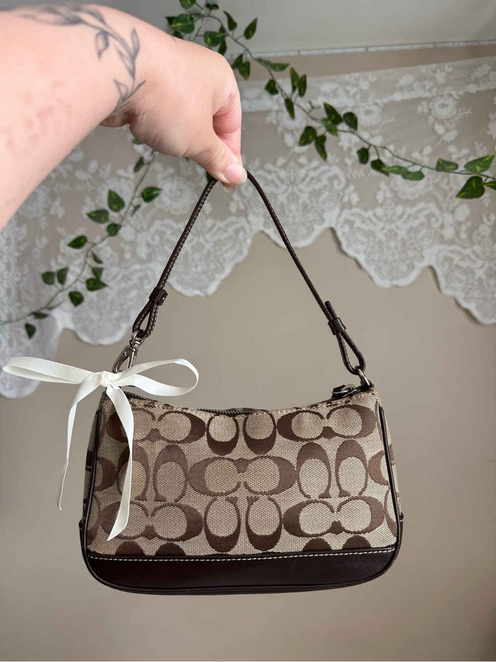 Coach Demi Brown Signature Canvas Shoulder Bag with Dark Brown Trim